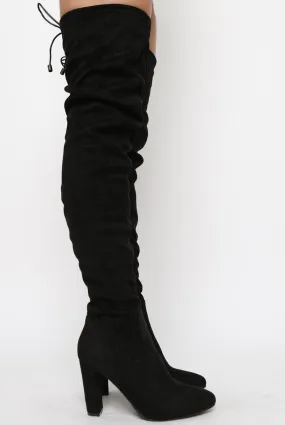 Black Suede Drawstring Thigh High Boots - Frankie