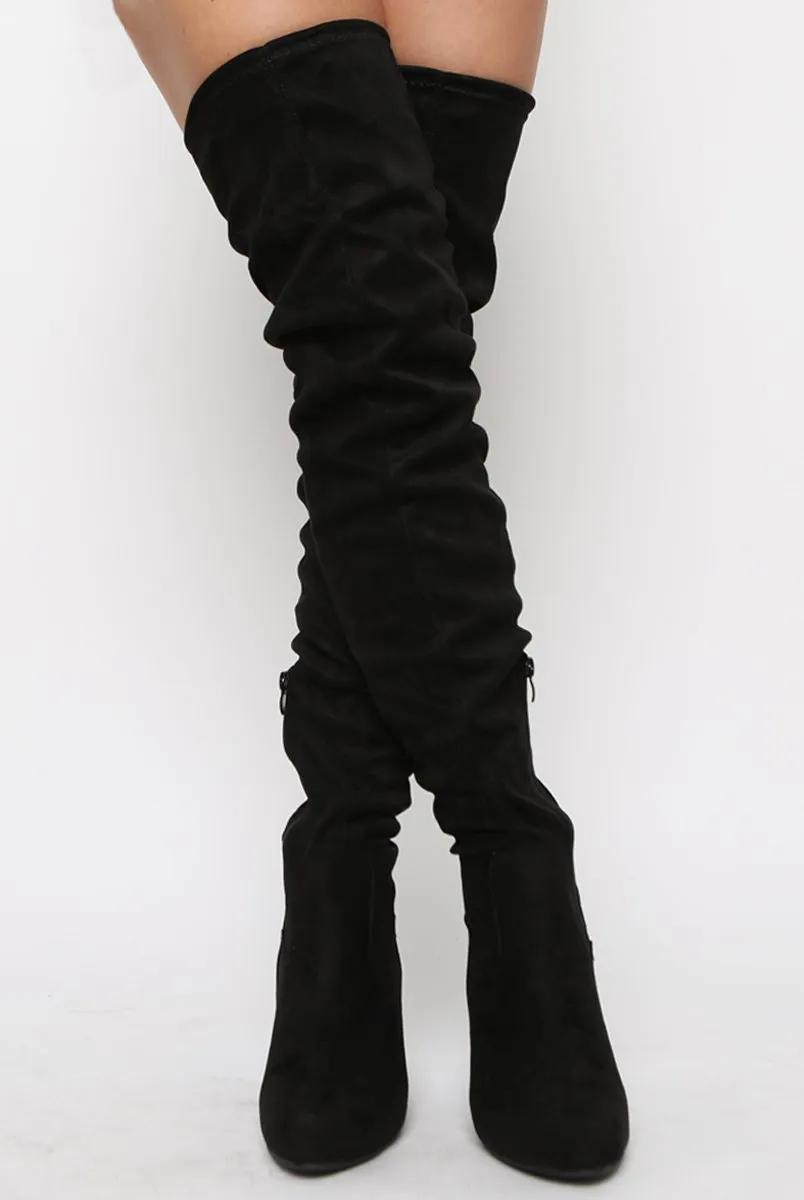 Black Suede Drawstring Thigh High Boots - Frankie