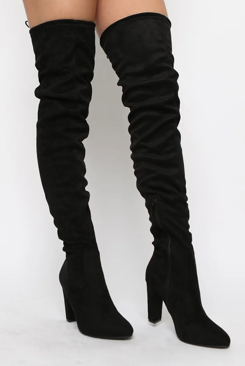 Black Suede Drawstring Thigh High Boots - Frankie