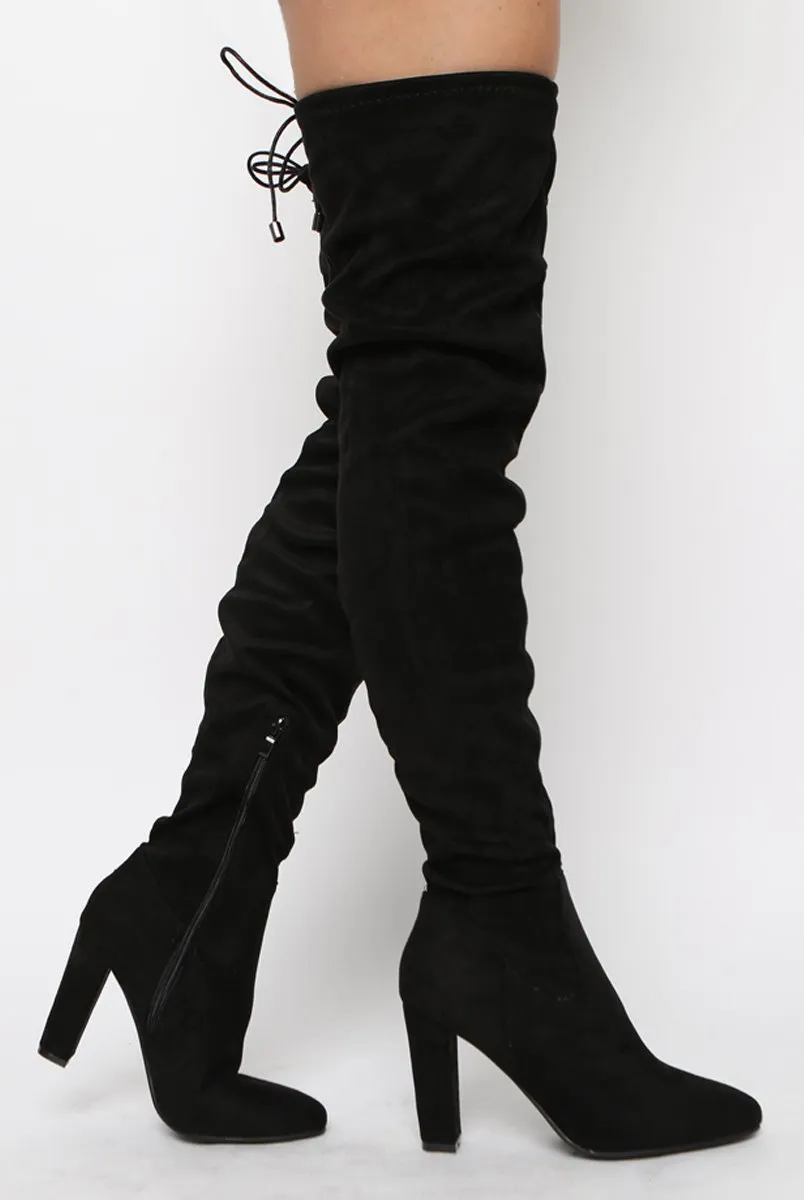 Black Suede Drawstring Thigh High Boots - Frankie