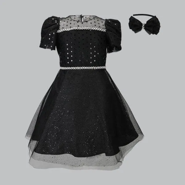 BLACK TULLE FLARE DRESS WITH HAIRBOW