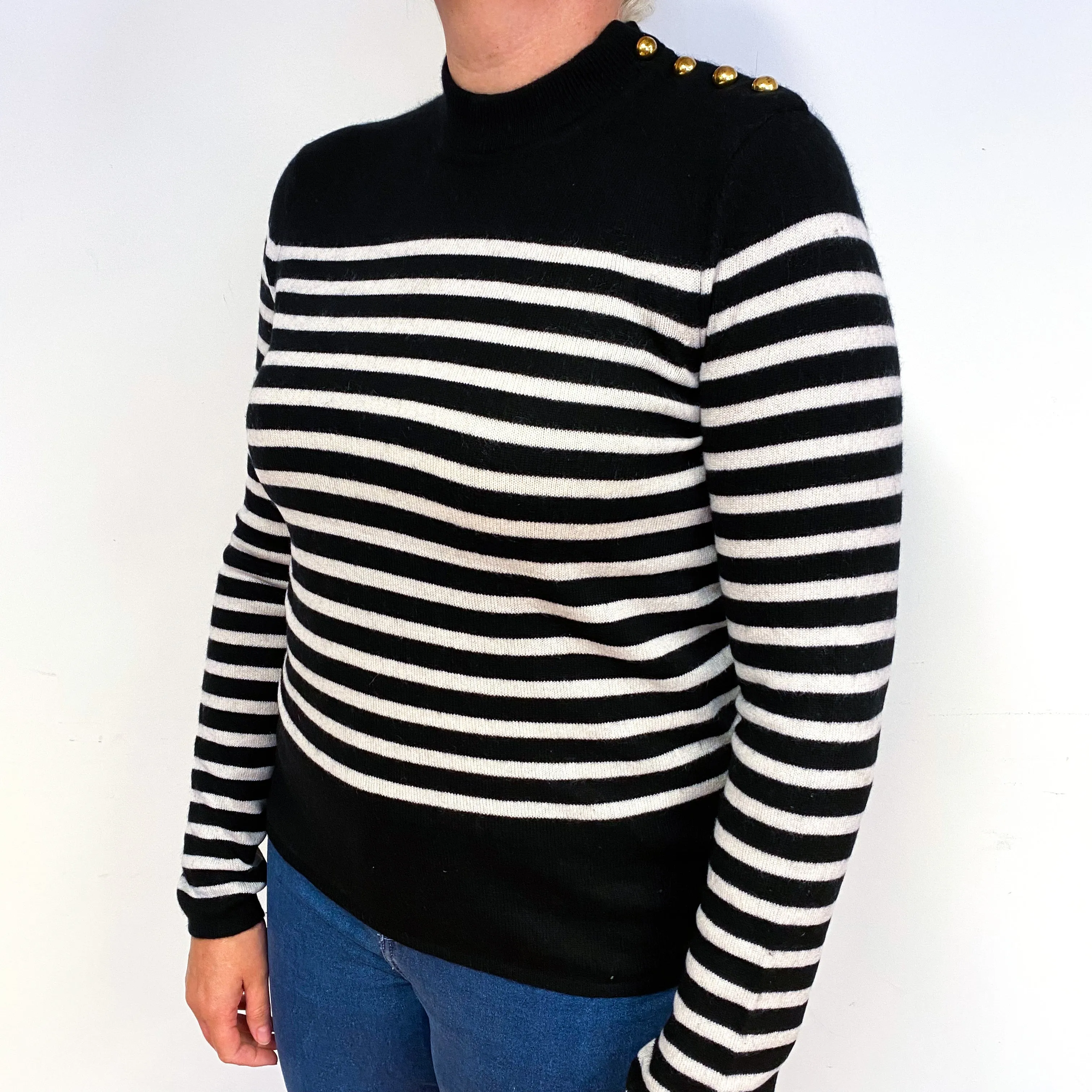 Black White Stripe Cashmere High Crew Neck Jumper Large