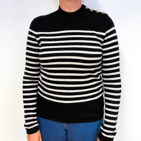 Black White Stripe Cashmere High Crew Neck Jumper Large