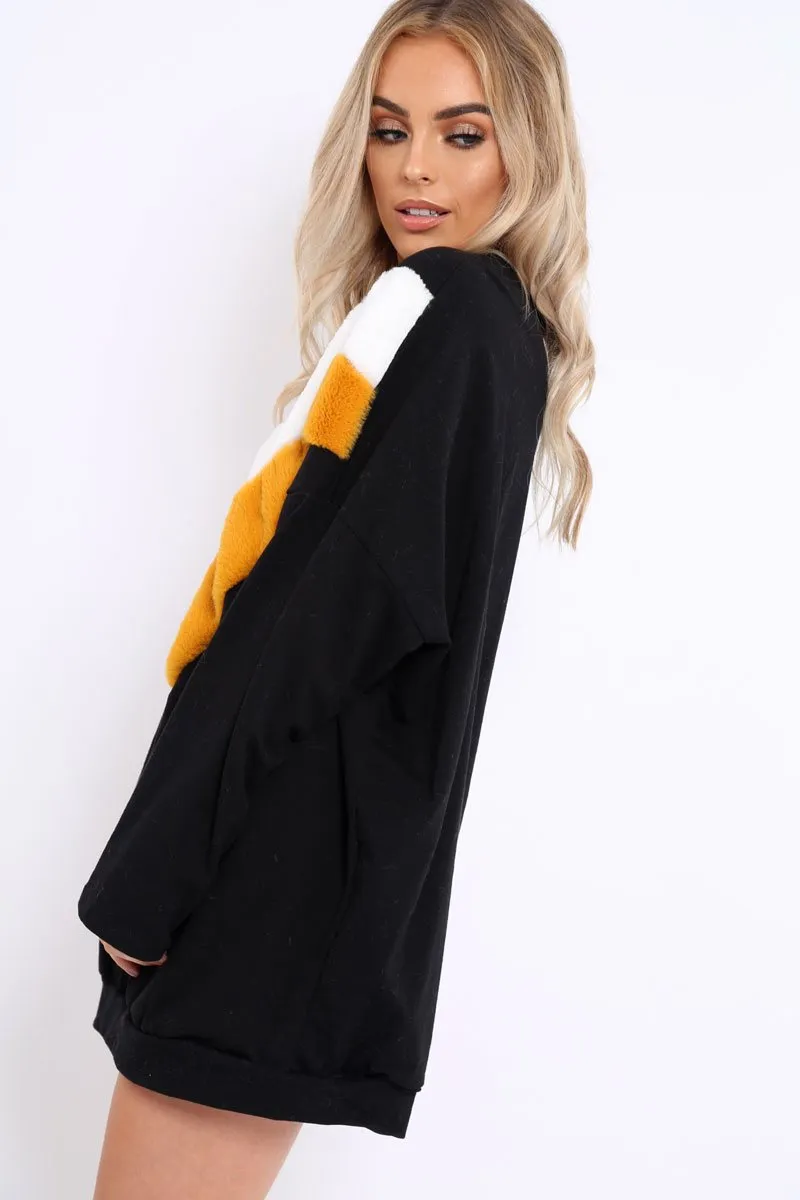 Black with Mustard and White Chevron Fur Jumper Dress- Lula