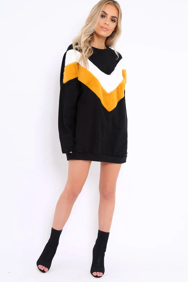 Black with Mustard and White Chevron Fur Jumper Dress- Lula