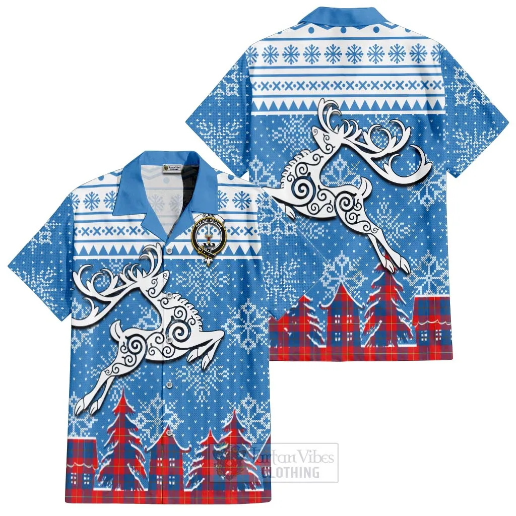 Blane Clan Christmas Short Sleeve Button Shirt Celtic Reindeer Style