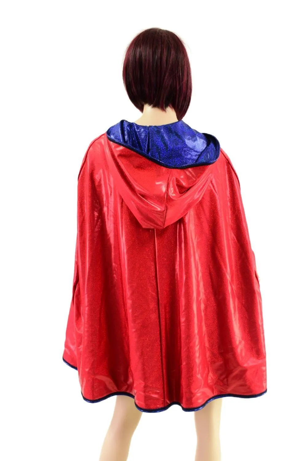 Blue and Red Sparkly Jewel Reversible 35" Hooded Cape