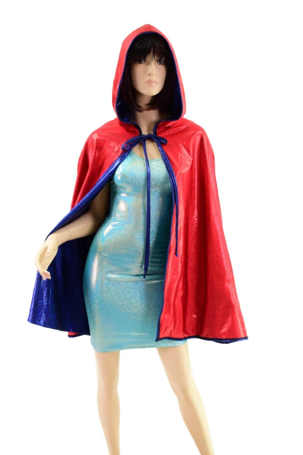 Blue and Red Sparkly Jewel Reversible 35" Hooded Cape