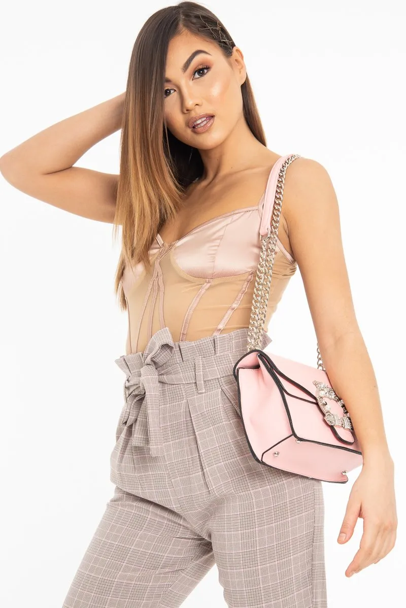 Blush Mesh Satin Cup Stripe Detail Bodysuit - Valencia