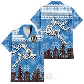 Borthwick Clan Christmas Short Sleeve Button Shirt Celtic Reindeer Style