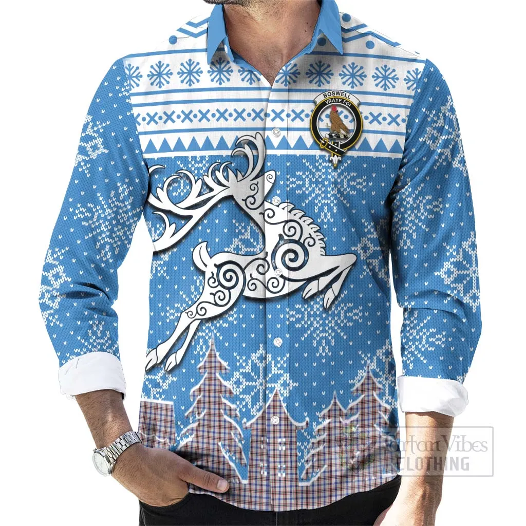 Boswell Clan Christmas Long Sleeve Button Shirt Celtic Reindeer Style