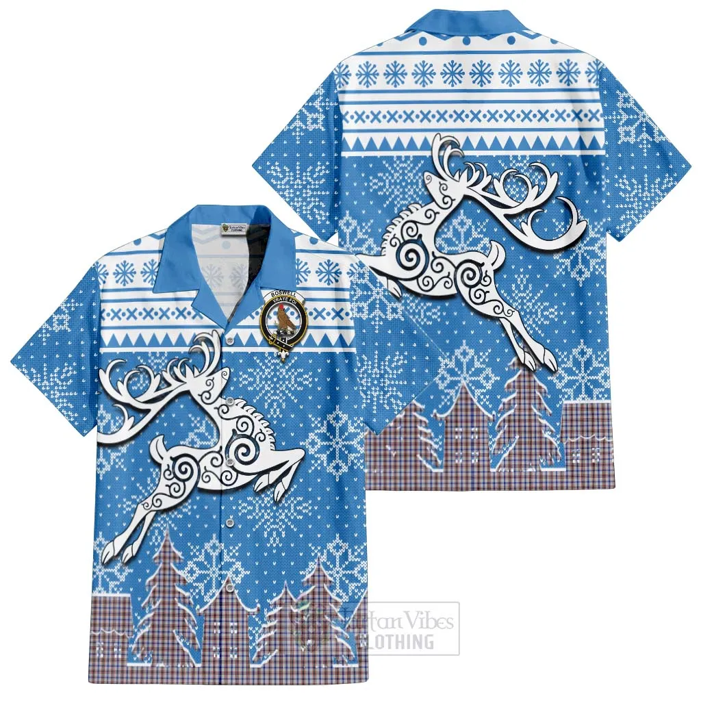 Boswell Clan Christmas Short Sleeve Button Shirt Celtic Reindeer Style