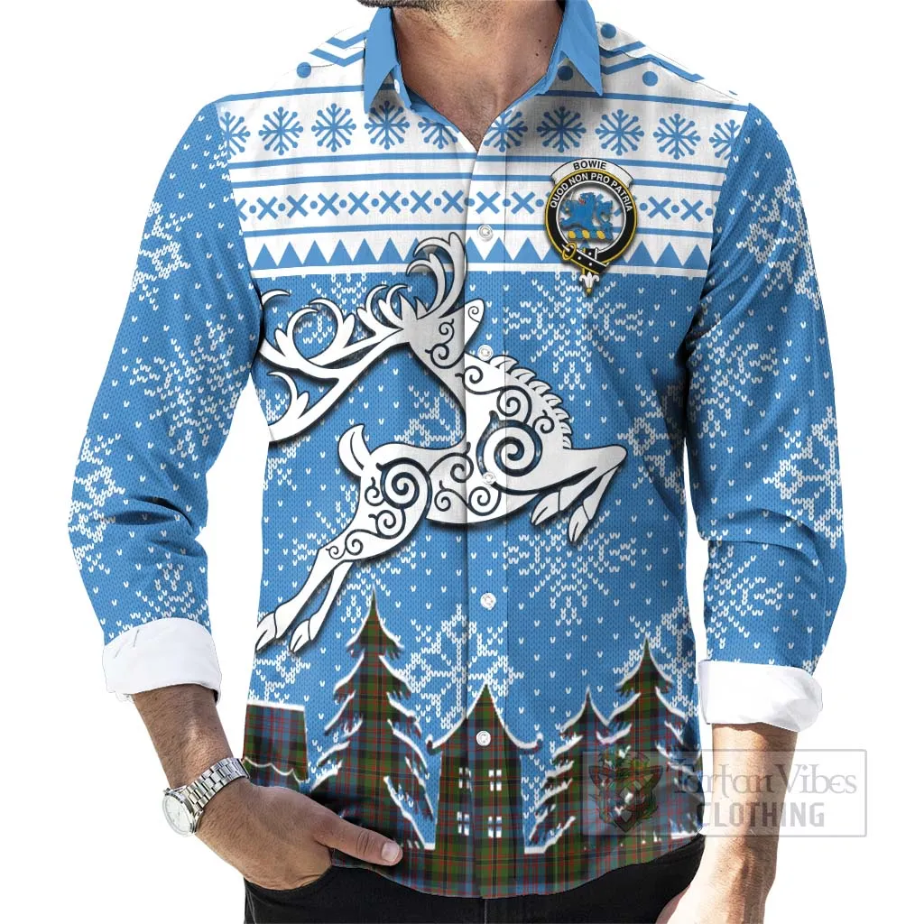 Bowie Clan Christmas Long Sleeve Button Shirt Celtic Reindeer Style