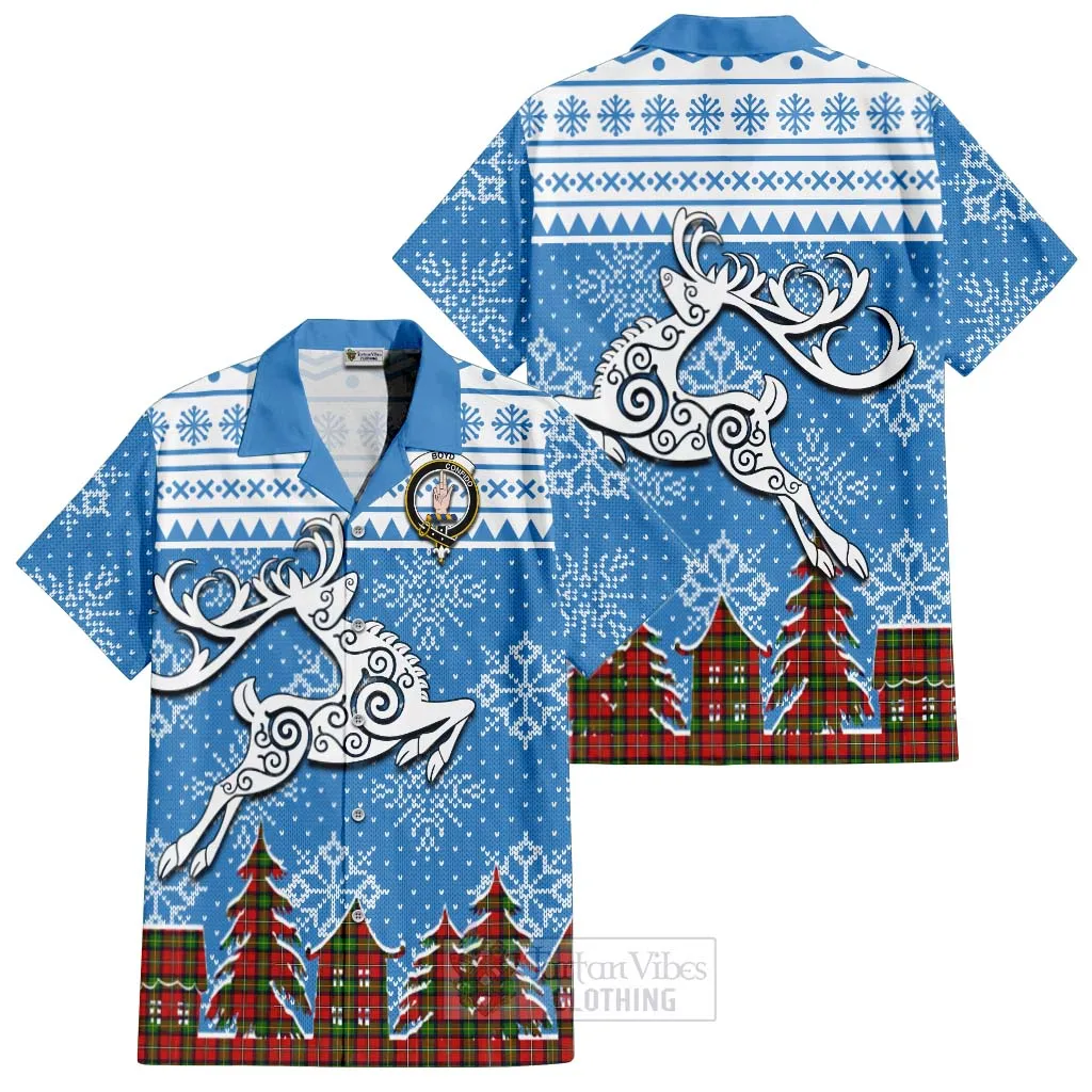 Boyd Clan Christmas Short Sleeve Button Shirt Celtic Reindeer Style