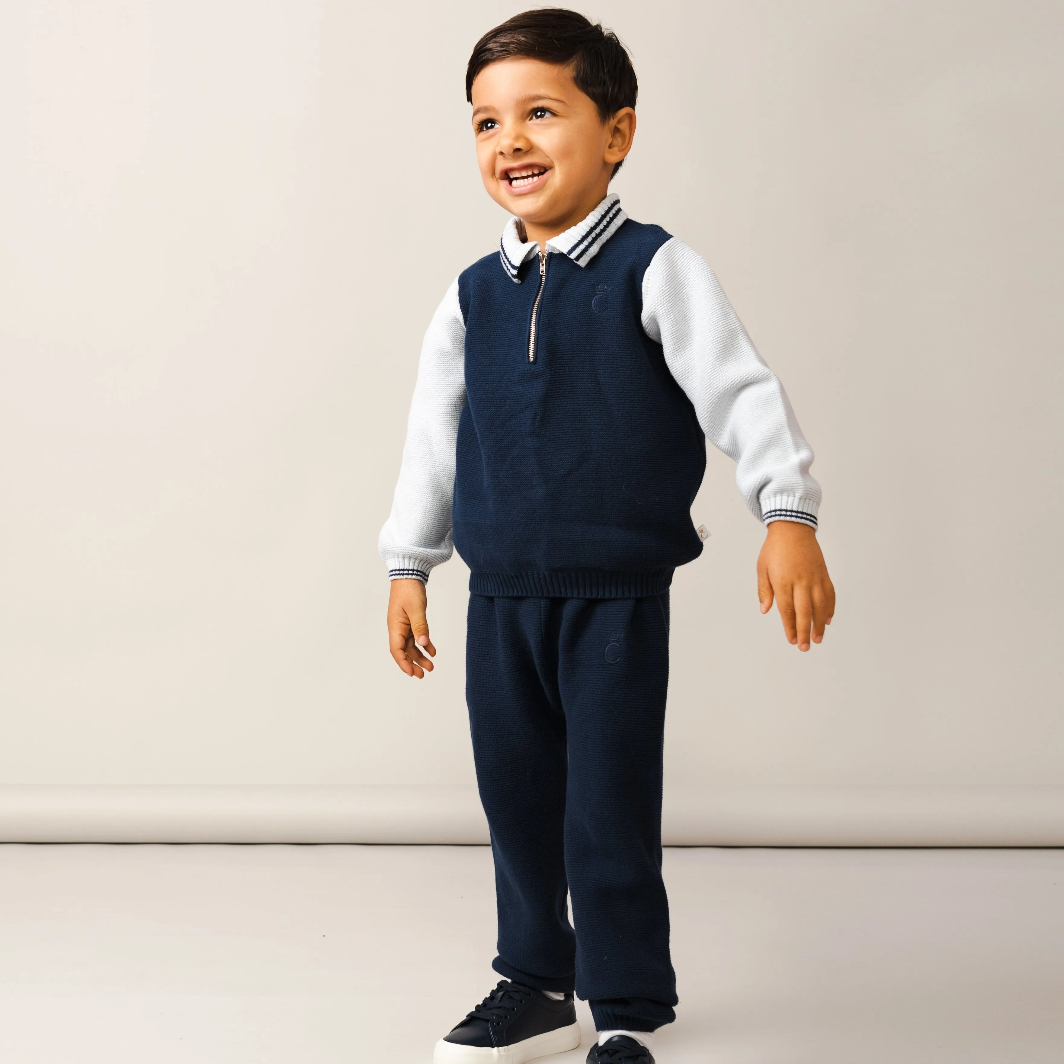 Boys Blue Knitted Zip Neck Polo Set