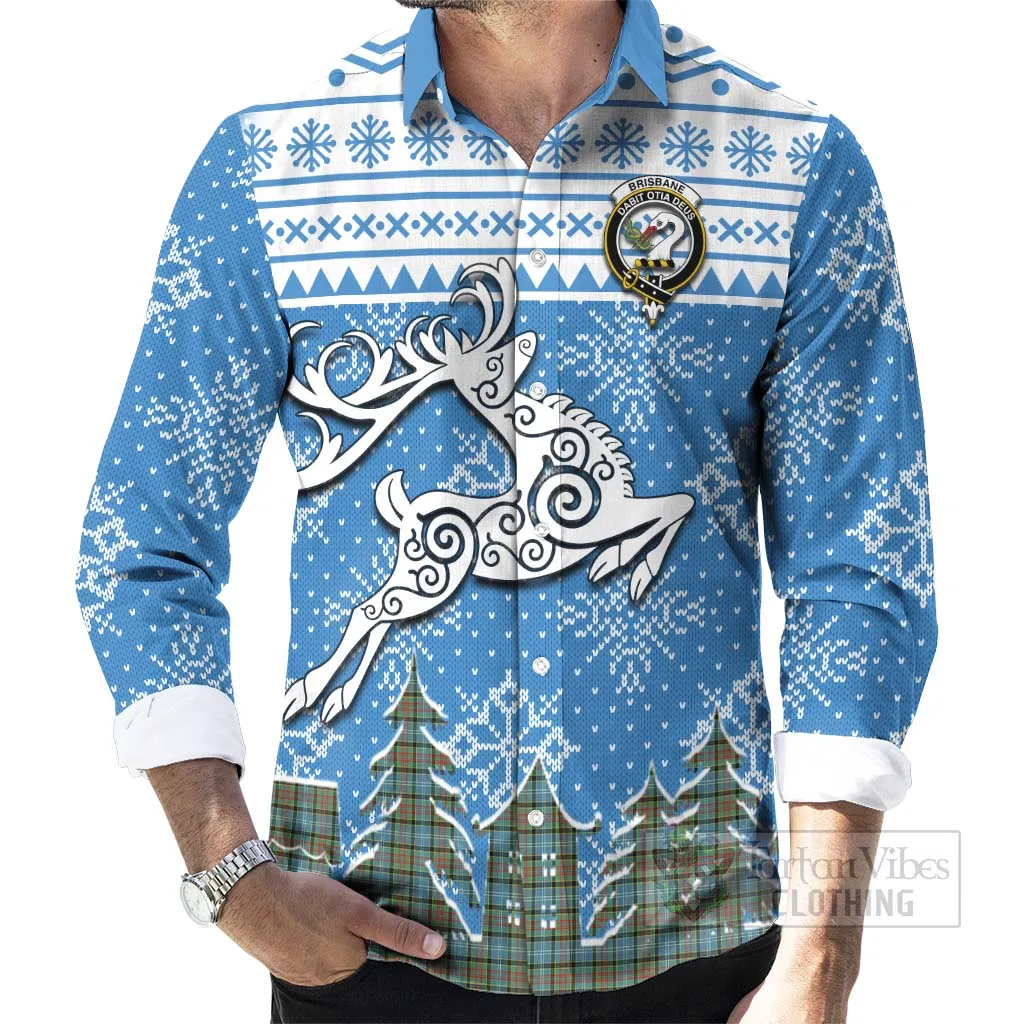 Brisbane Clan Christmas Long Sleeve Button Shirt Celtic Reindeer Style