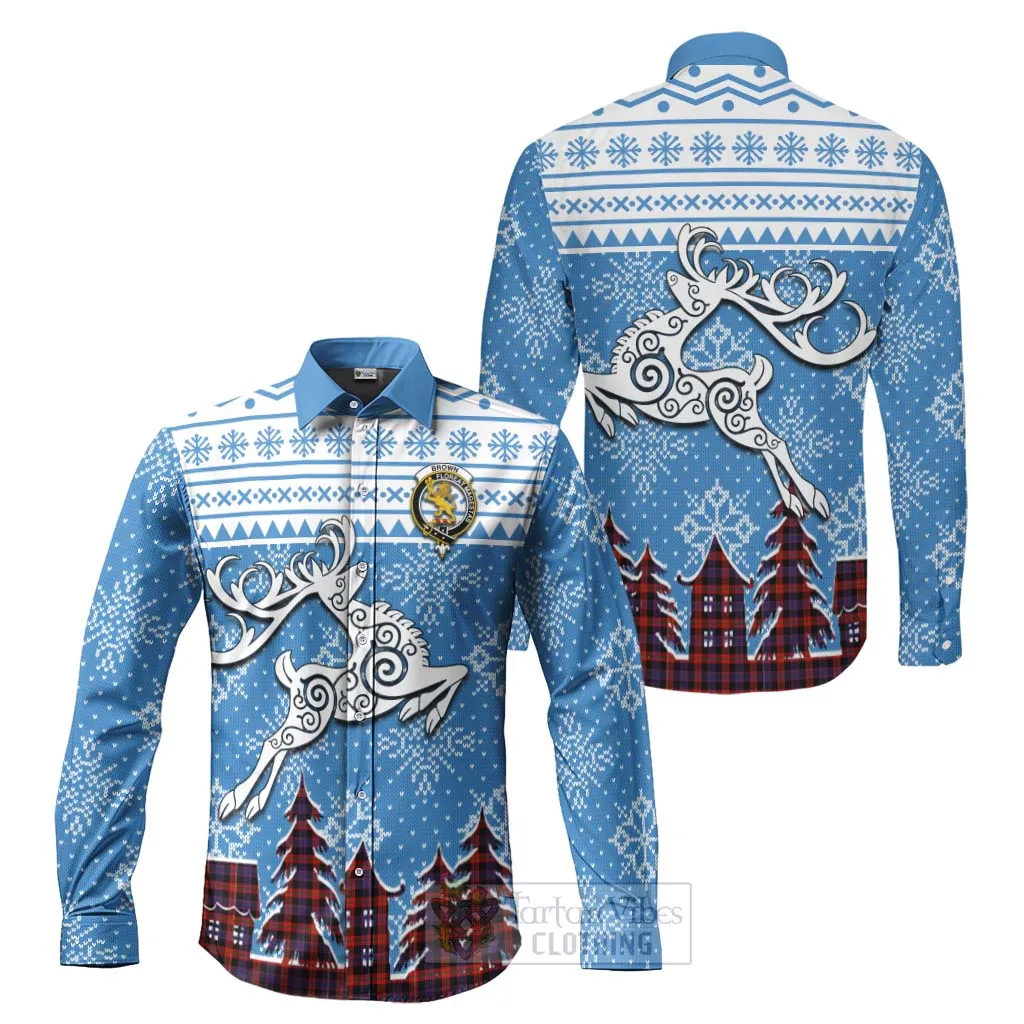 Brown (Broun) Clan Christmas Long Sleeve Button Shirt Celtic Reindeer Style