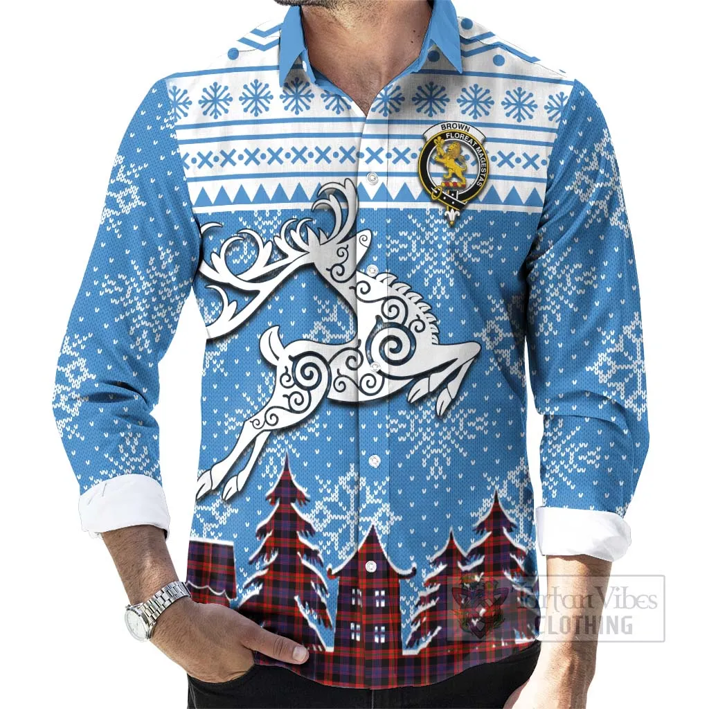 Brown (Broun) Clan Christmas Long Sleeve Button Shirt Celtic Reindeer Style