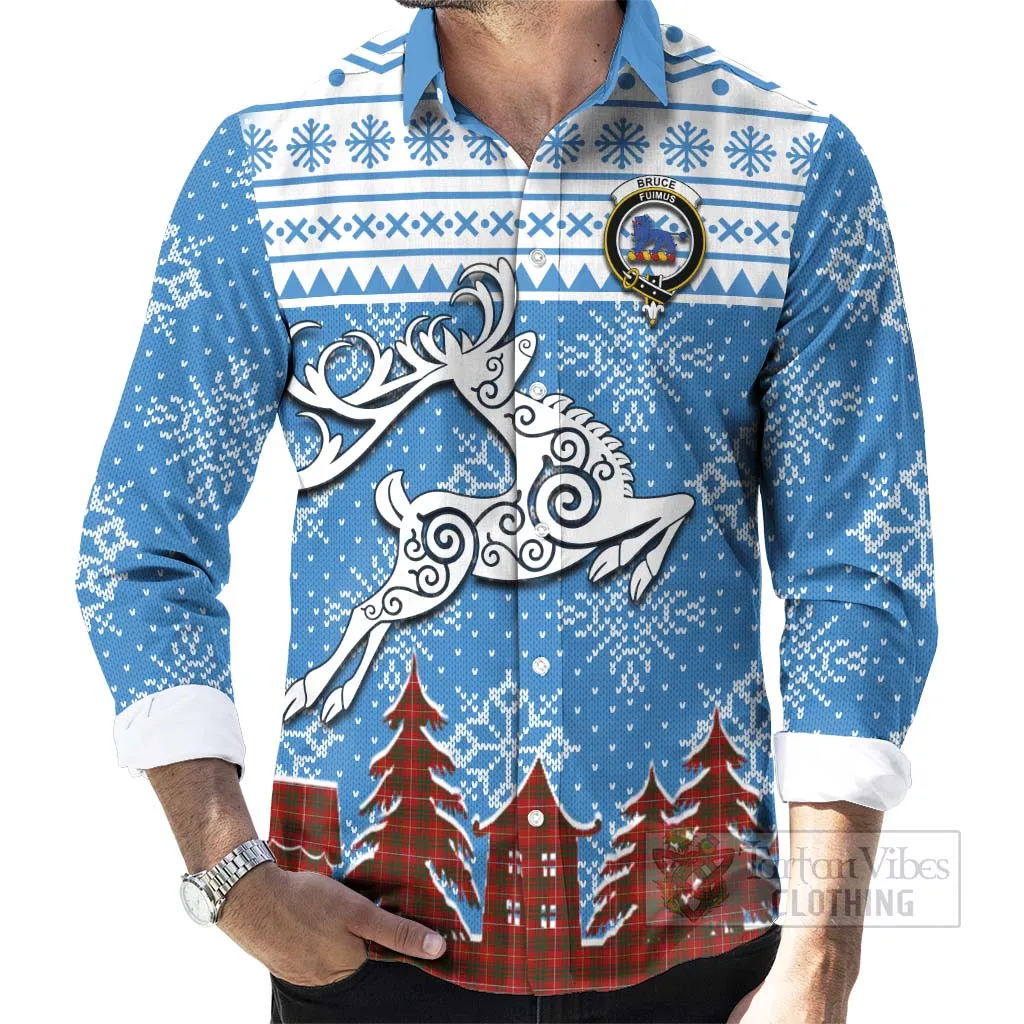 Bruce Clan Christmas Long Sleeve Button Shirt Celtic Reindeer Style