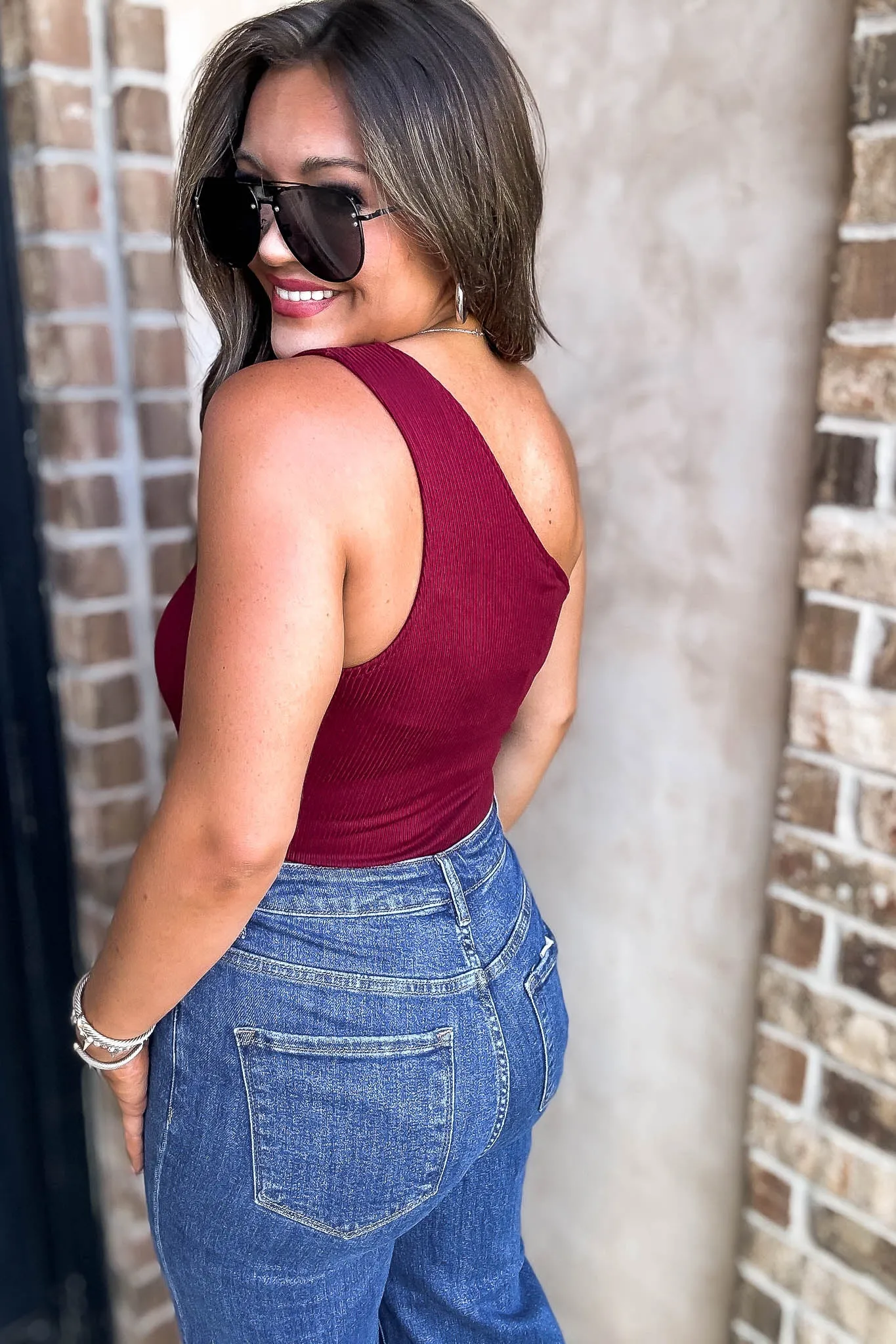 Burgundy Sleeveless One Shoulder Rib Bodysuit