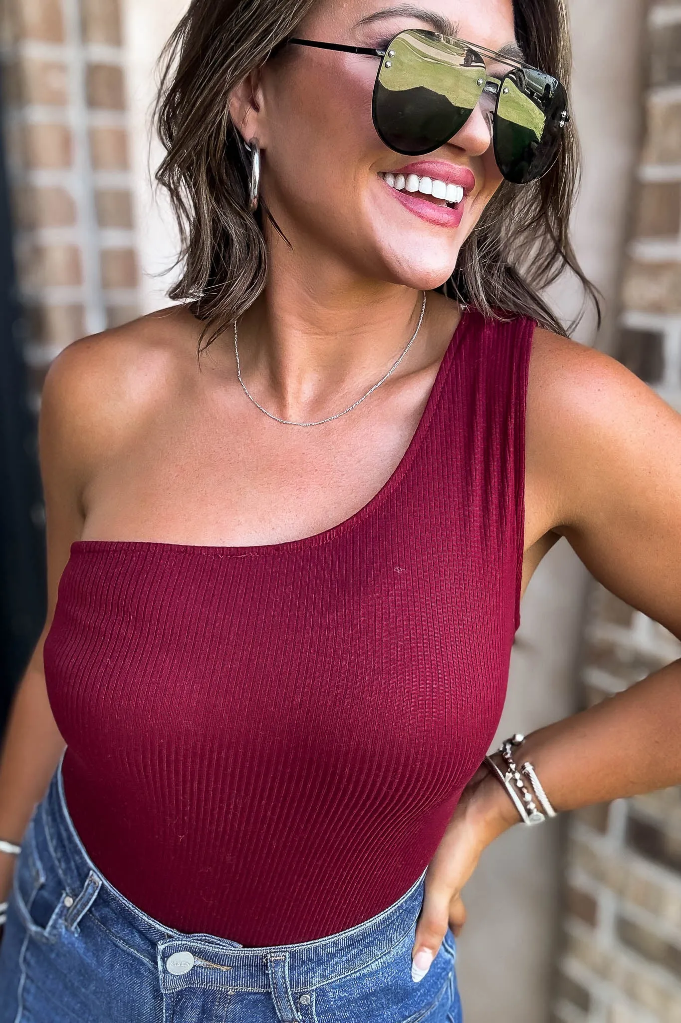 Burgundy Sleeveless One Shoulder Rib Bodysuit