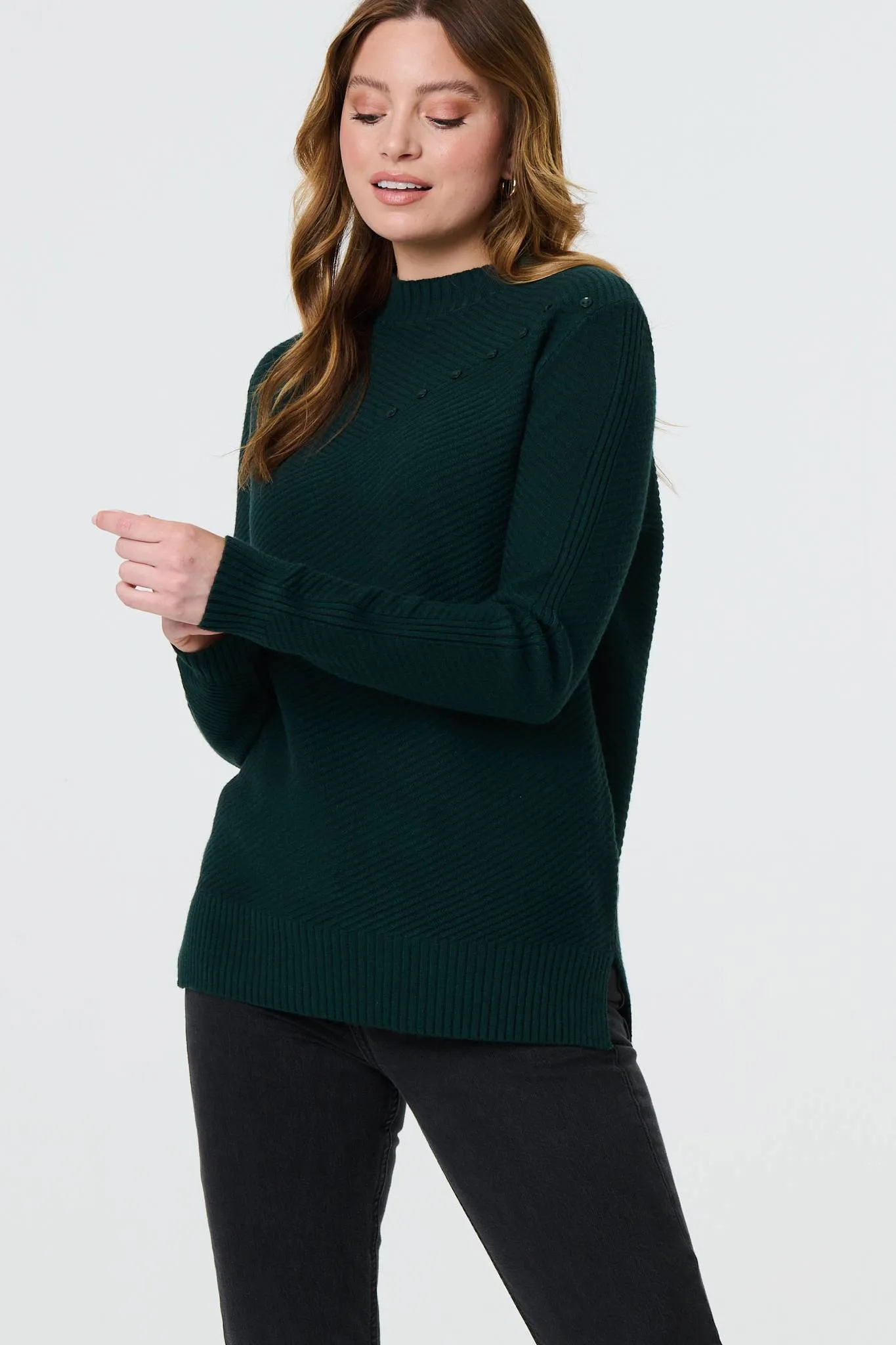 Button Detail High Neck Knit Jumper