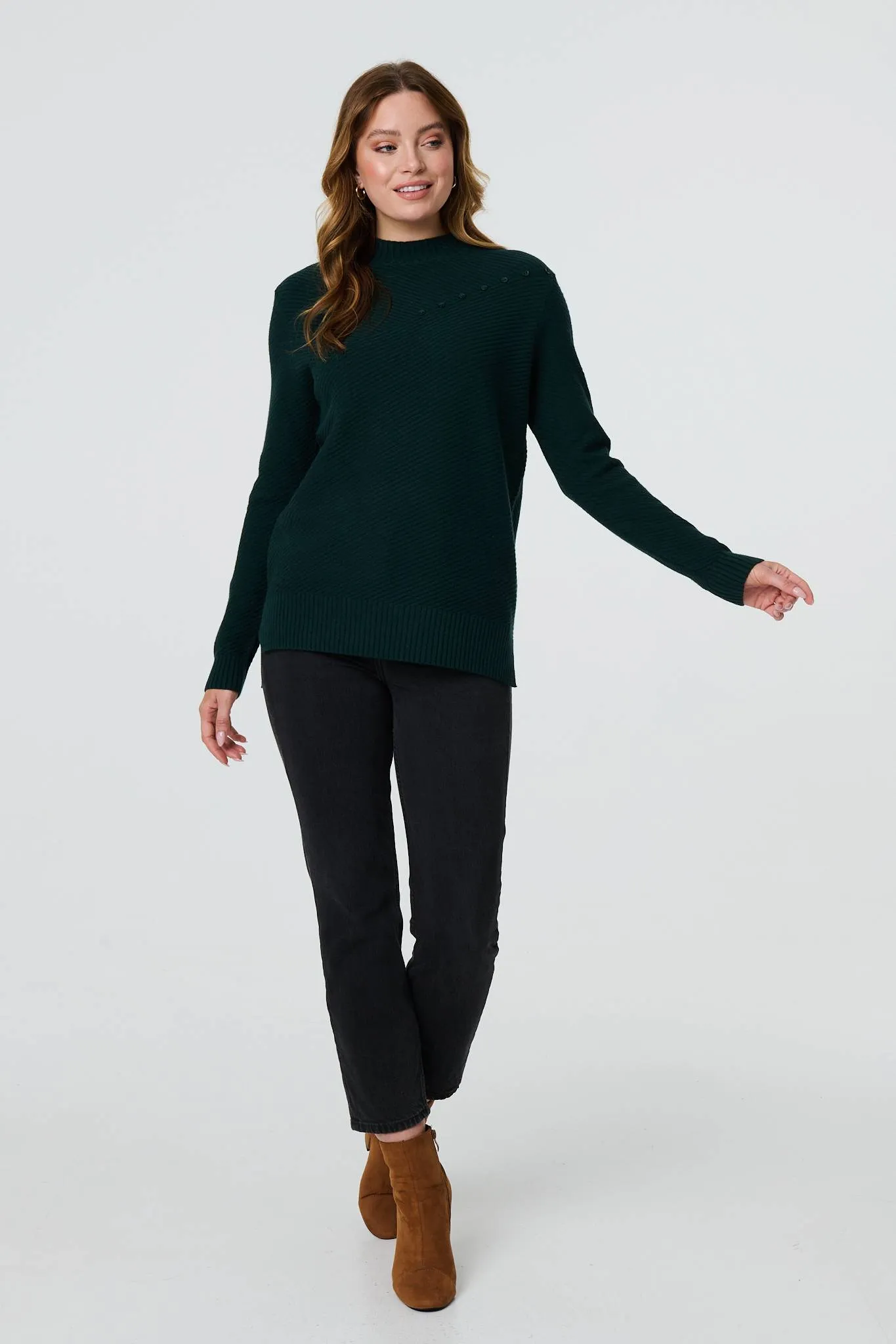 Button Detail High Neck Knit Jumper