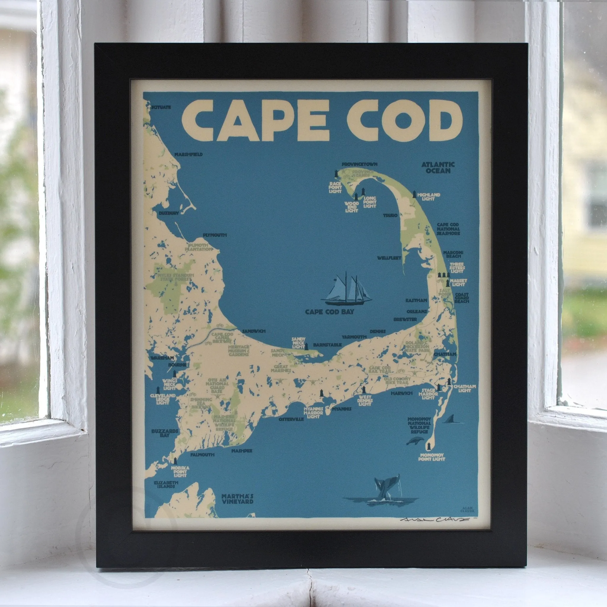 Cape Cod Map Art Print 8" x 10" Framed Travel Poster By Alan Claude - Massachusetts