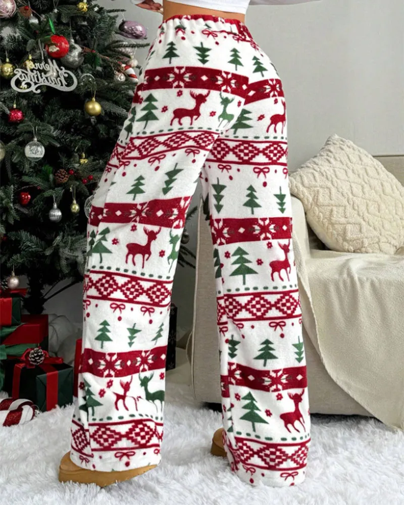 Casual Christmas Themed Print Trousers