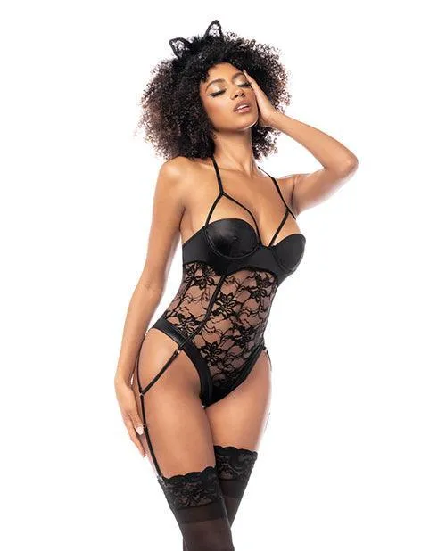 Cat Girl Lace Gartered Bodysuit W/lace Up Back & Head Piece Black