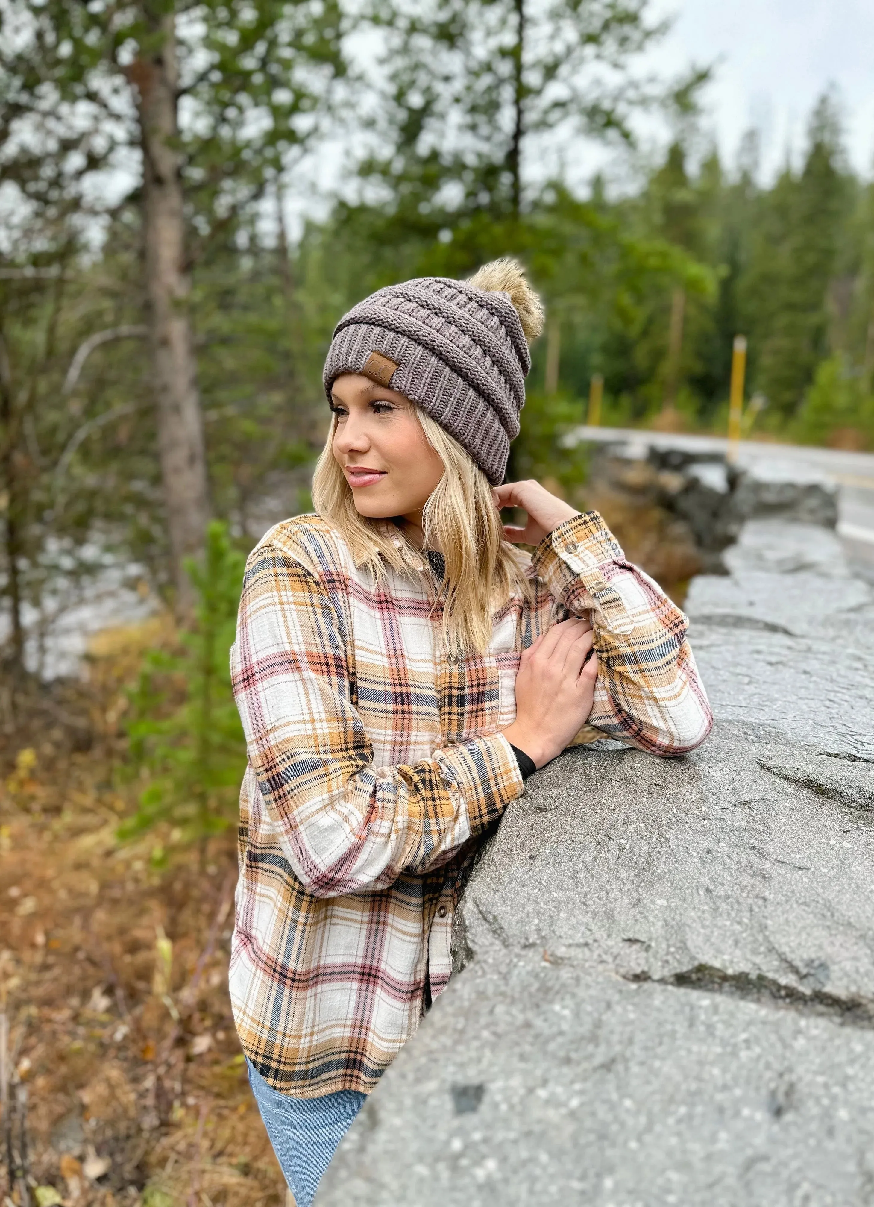 C.C. Beanie Knit Faux Fur Pom Beanie-Teal Grey