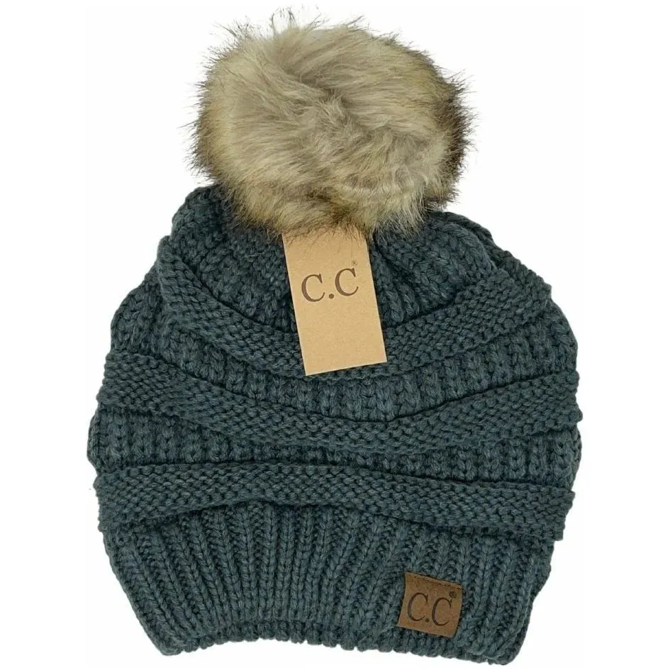 C.C. Beanie Knit Faux Fur Pom Beanie-Teal Grey