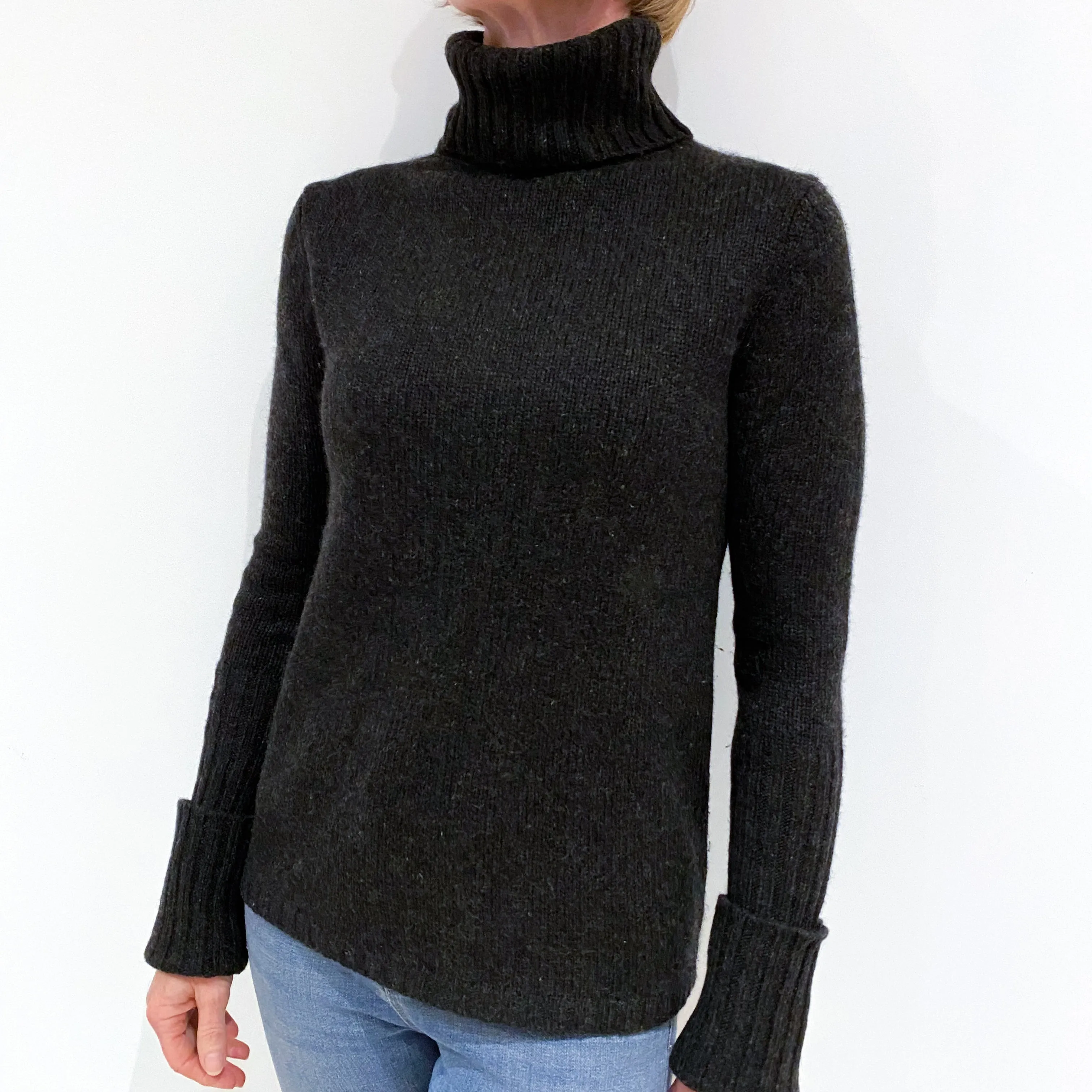 Charcoal Grey Chunky Cashmere Polo Neck Jumper Small