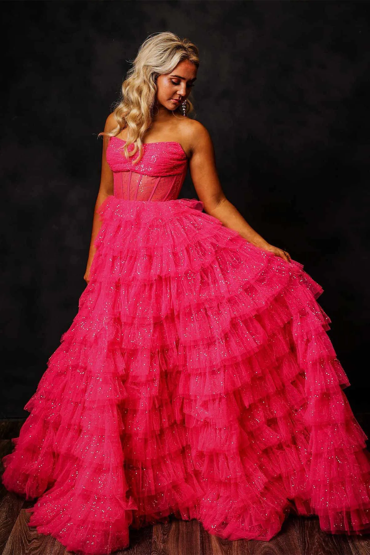 Chic Gorgeous Strapless Glitter Long Prom Dresses Pink Ball Gown Evening Dresses sew0320