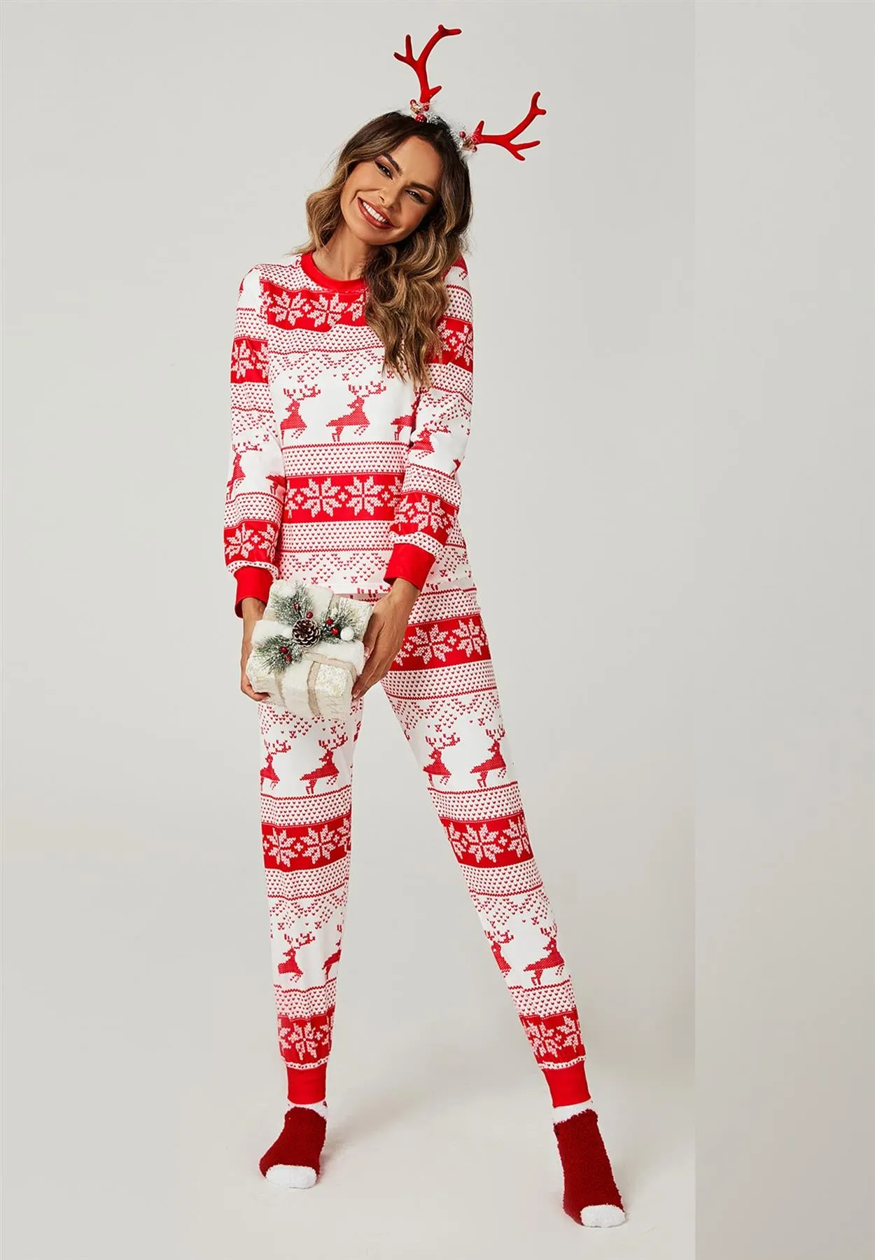 Christmas Long Sleeve SweatShirt Top & Trousers Co Ord Pyjama Sets In White & Red Snow Reindeer