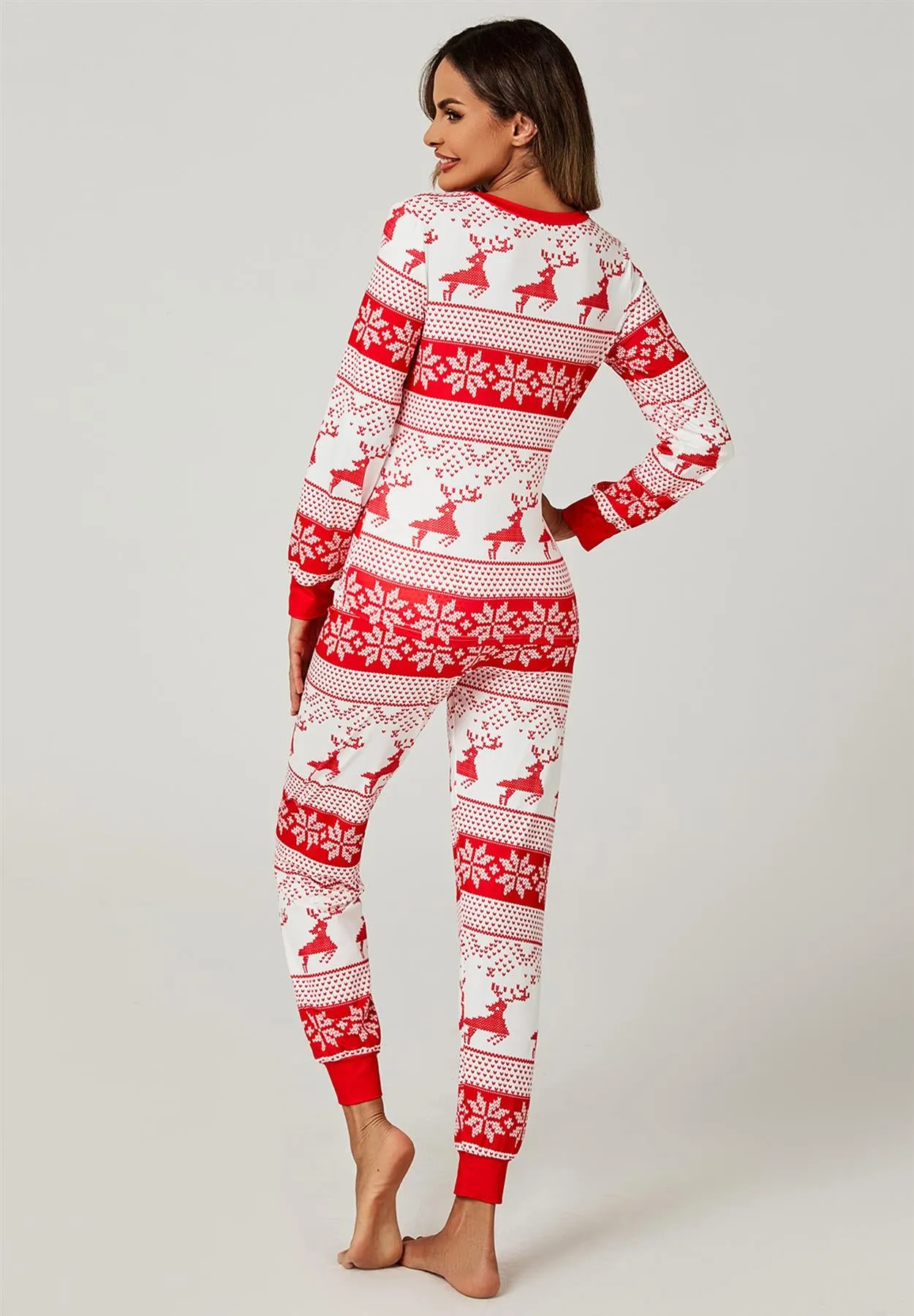 Christmas Long Sleeve SweatShirt Top & Trousers Co Ord Pyjama Sets In White & Red Snow Reindeer