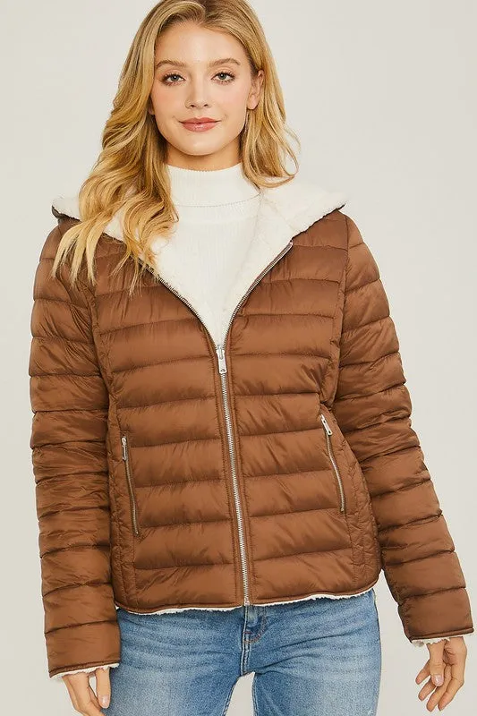 Cocoa Reversible Faux Sherpa Fleece Puffer Hooded Jacket