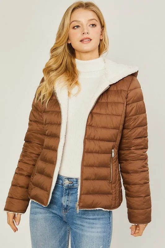 Cocoa Reversible Faux Sherpa Fleece Puffer Hooded Jacket