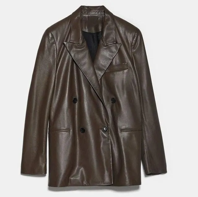 Coena Vintage Brown Double Breasted Leather Coat