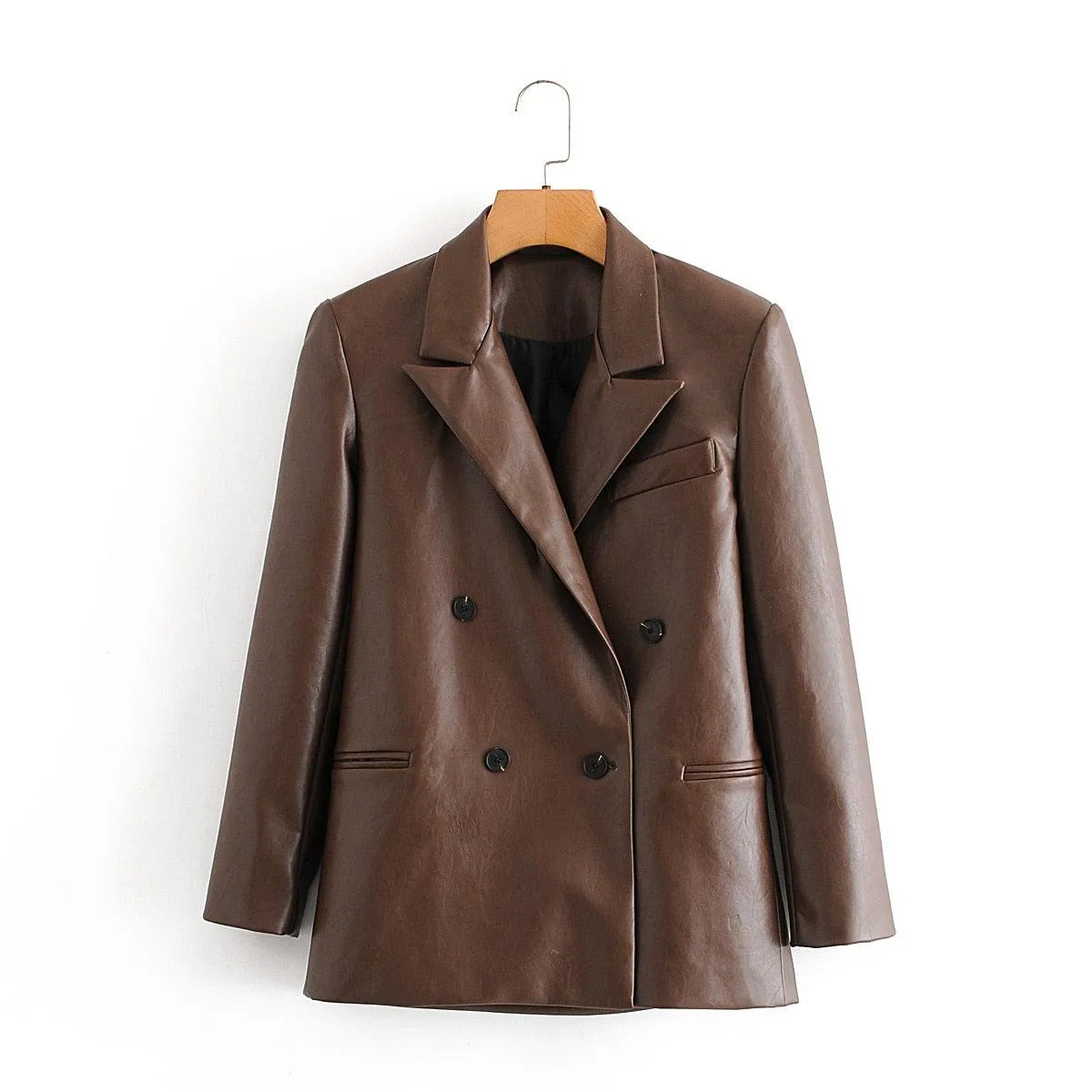 Coena Vintage Brown Double Breasted Leather Coat