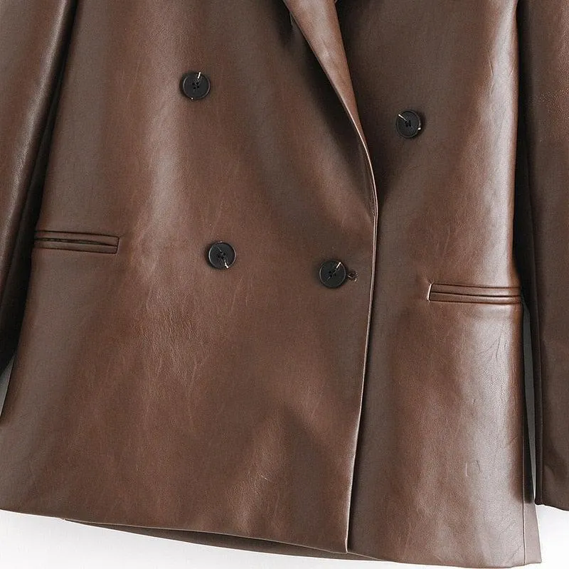 Coena Vintage Brown Double Breasted Leather Coat