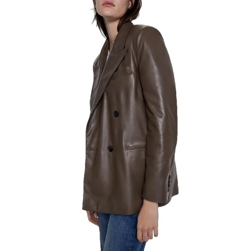 Coena Vintage Brown Double Breasted Leather Coat