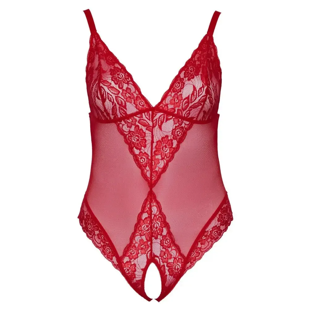 Cottelli Wet Look Sexy Red Crotchless Bodysuit