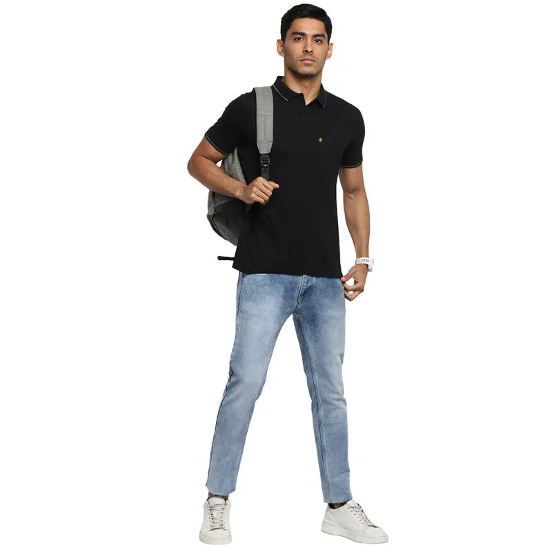 Cotton Black Solid Polo Neck T-Shirt