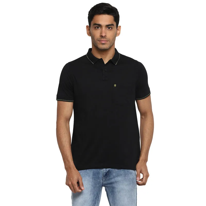 Cotton Black Solid Polo Neck T-Shirt