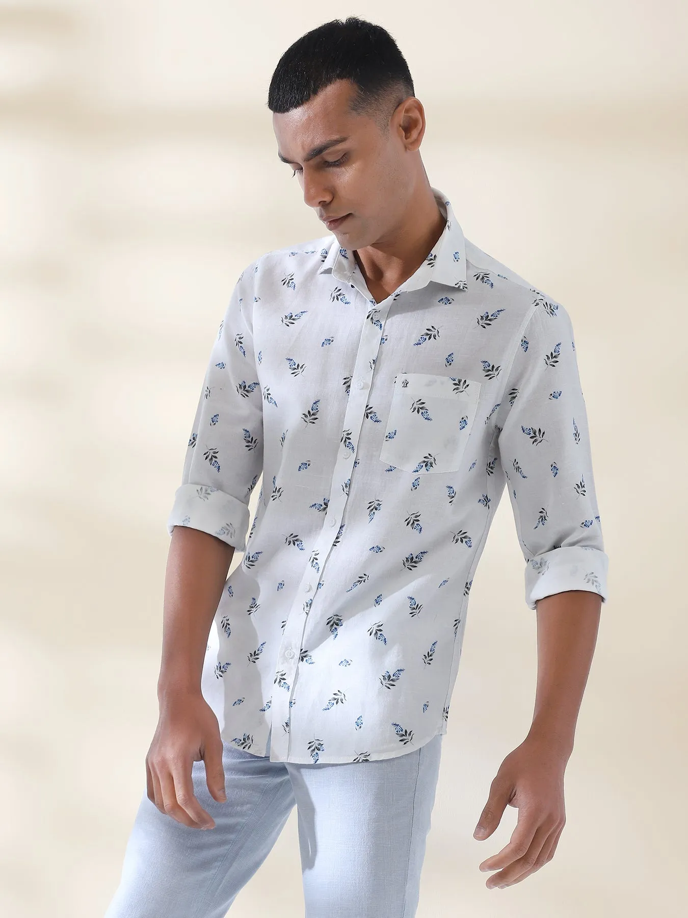 Cotton Linen Cream Printed Full Sleeve Casual Shirt