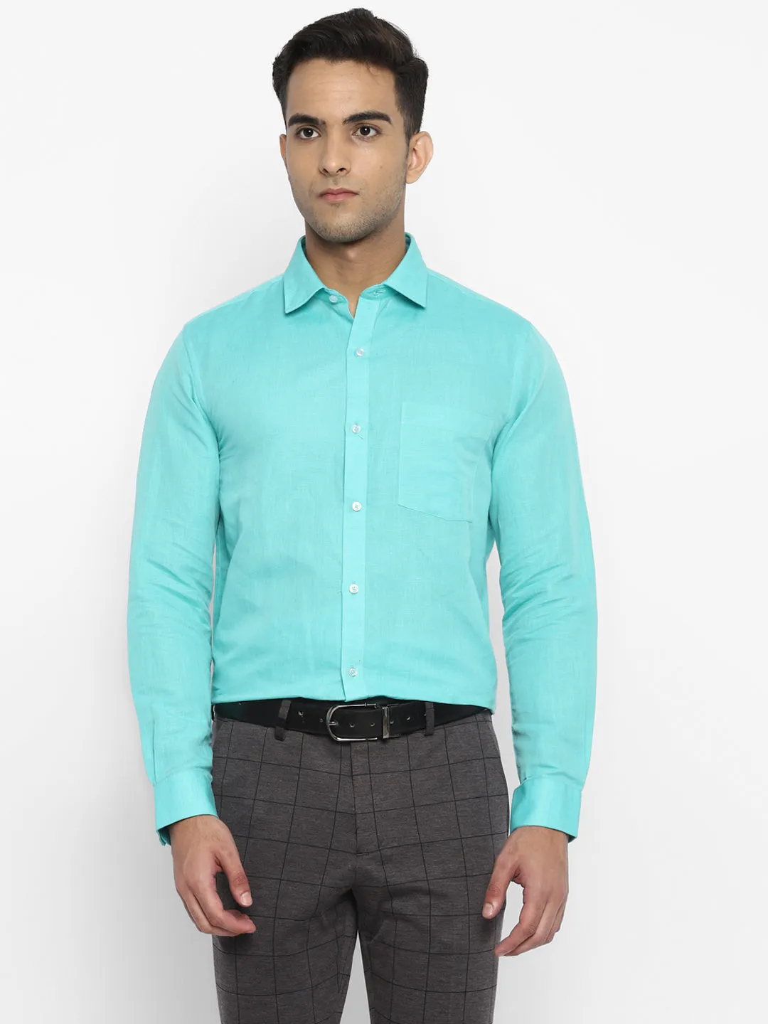 Cotton Linen Light Blue Solid Slim Fit Formal Shirt