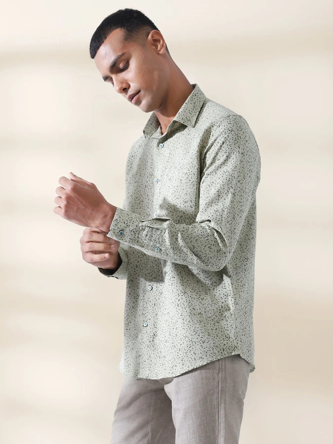 Cotton Linen Olive Printed Full Sleeve Formal Shirt