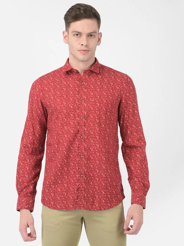 Cotton Red Slim Fit Printed Casual Shirt