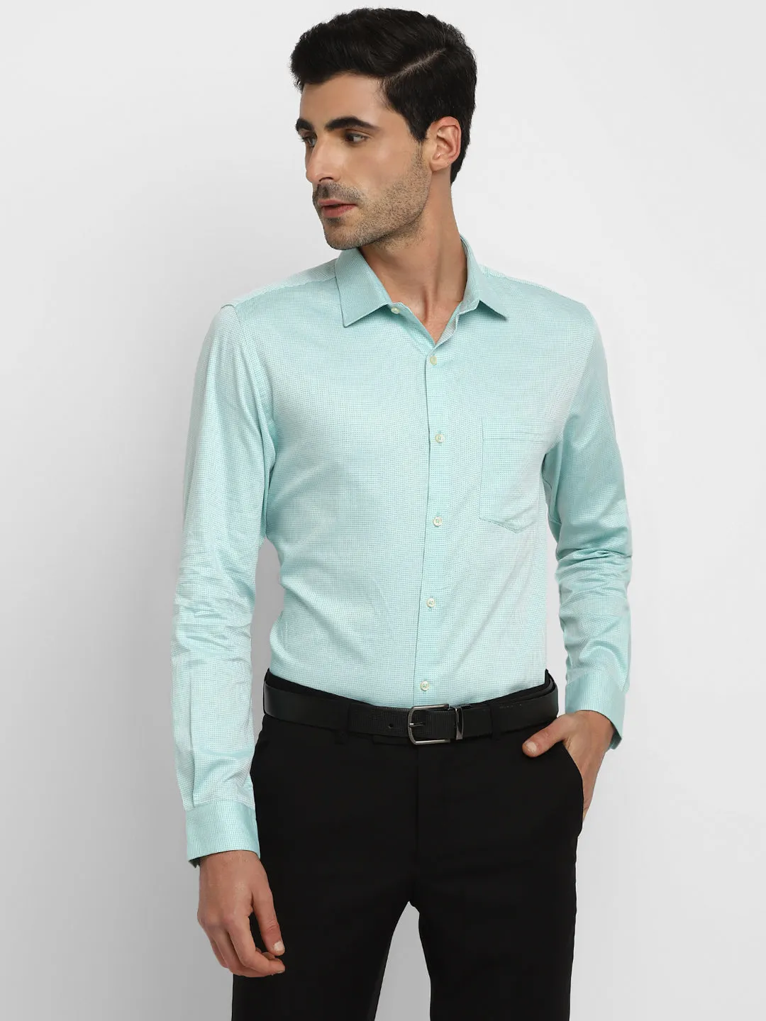 Cotton Sky Blue Self Design Slim Fit Formal Shirt